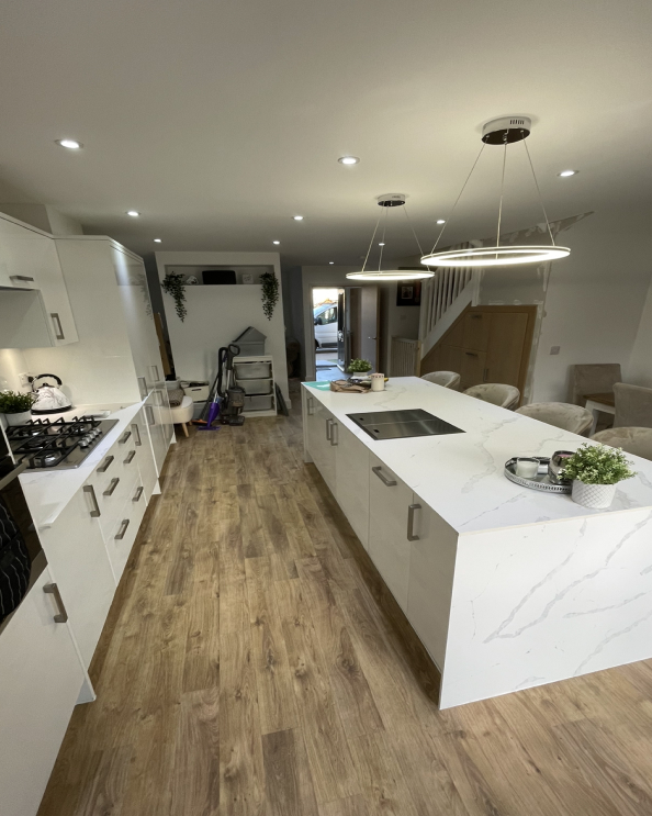 Contemporary, newly installed kitchen and kitchen island